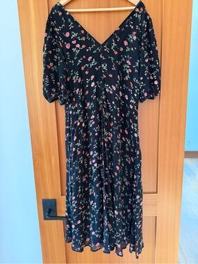 Ganni Black Dress with Pink and Red Floral Print